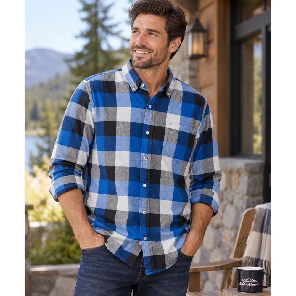 Eddie Bauer Mens 2XL Buffalo Plaid Flannel Shirt Relaxed Fit Cotton Rustic Layer
